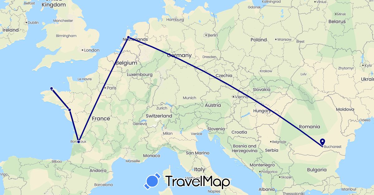 TravelMap itinerary: driving in France, Netherlands, Romania (Europe)